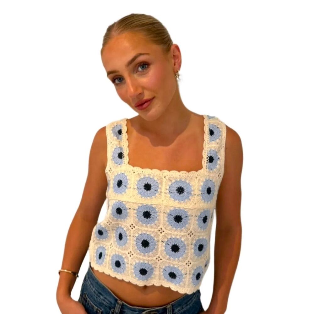 Rebellion Crochet Granny Square Tank Top Size XS Boho Cottagecore Y2K Oversized